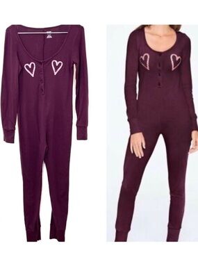 PINK Victoria’s Secret Candy Cane Heart Onesie Pajama Burgundy Christmas Size S